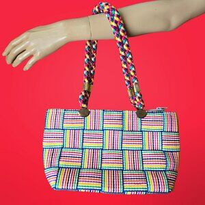 Vintage 80s Rainbow Striped Woven Handbag Shoulder Bag Pride Made In Italy
